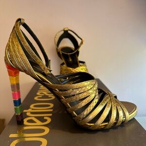 Roberto Cavalli gorgeous gold tone sandals with rainbow heel!